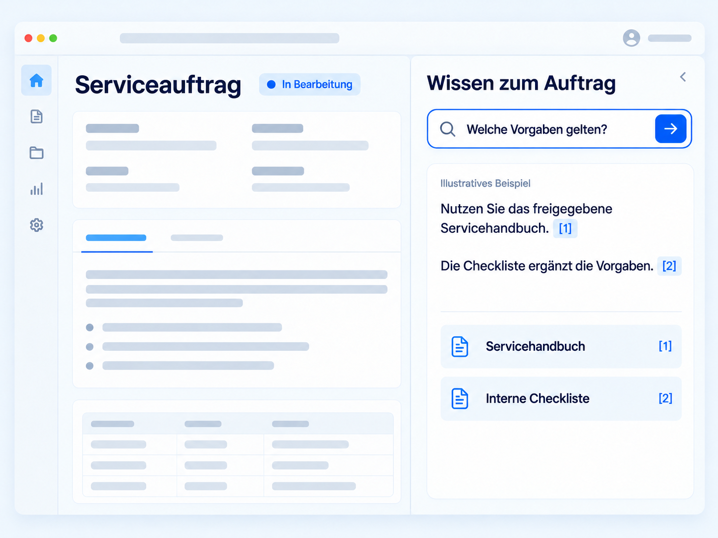 KI-Dokumentchat als Seitenleiste in einer bestehenden Geschäftsanwendung, mit Quellen direkt in der Antwort.