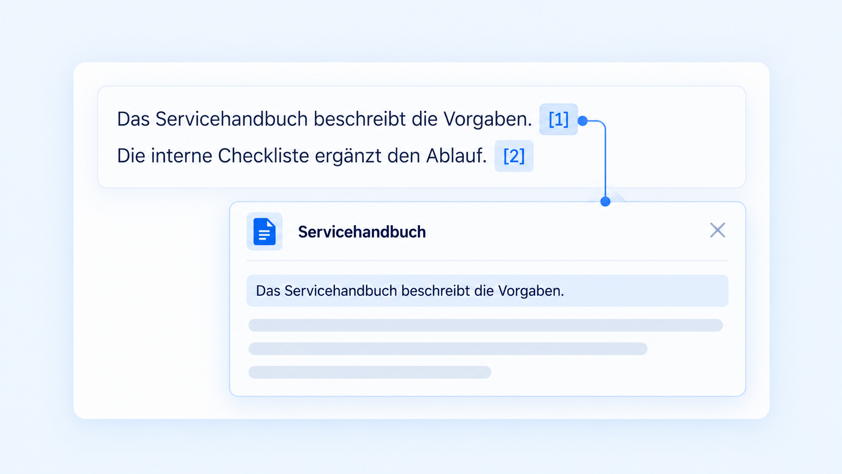 KI-Antwort mit Quellen direkt an den Aussagen und einer hervorgehobenen Textstelle im zugehörigen Originaldokument.